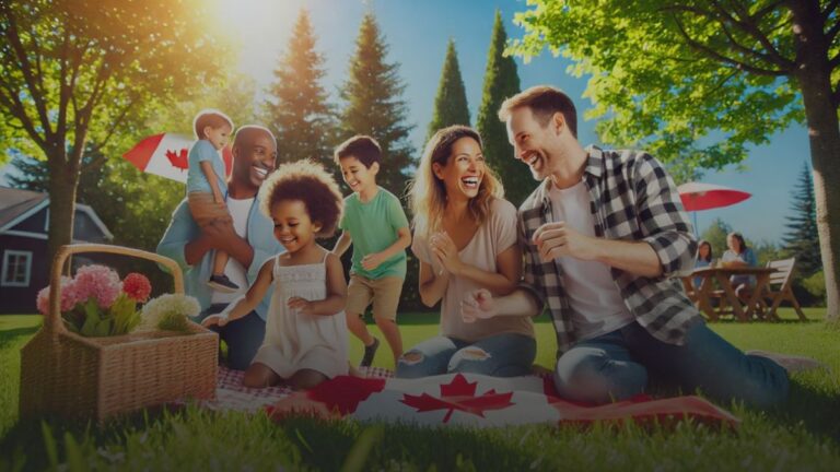 Happy diverse family with two children playing in a sunny park, symbolizing financial stability and joy.