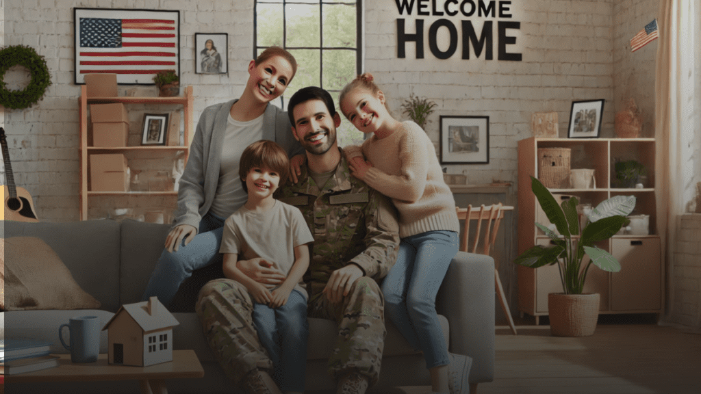 Happy military family at home, smiling in a cozy living room.