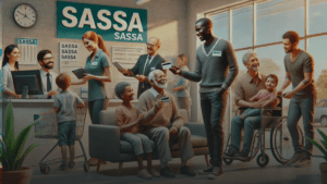 SASSA grant representative assisting a diverse group with applications at a SASSA office.