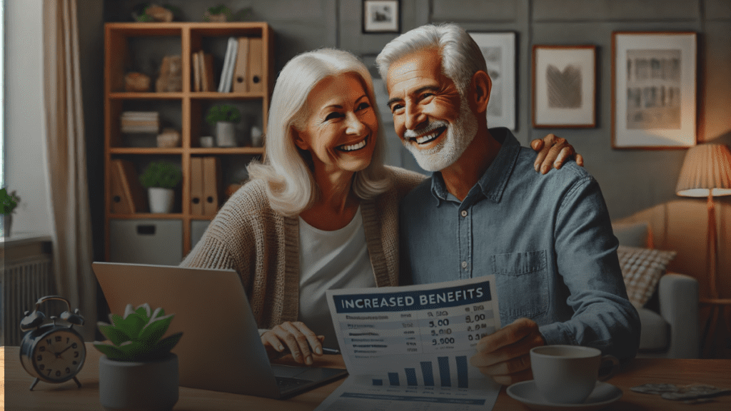 Happy senior couple reviewing financial documents, smiling in a cozy home setting with a laptop showing financial information.

