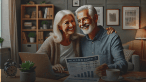 Happy senior couple reviewing financial documents, smiling in a cozy home setting with a laptop showing financial information.