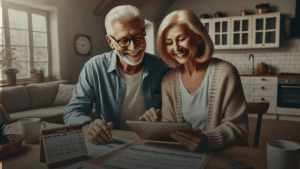 Elderly couple reviewing financial documents and calendar at home.