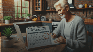 Elderly person at table with laptop, viewing calendar with circled social security income payment date.