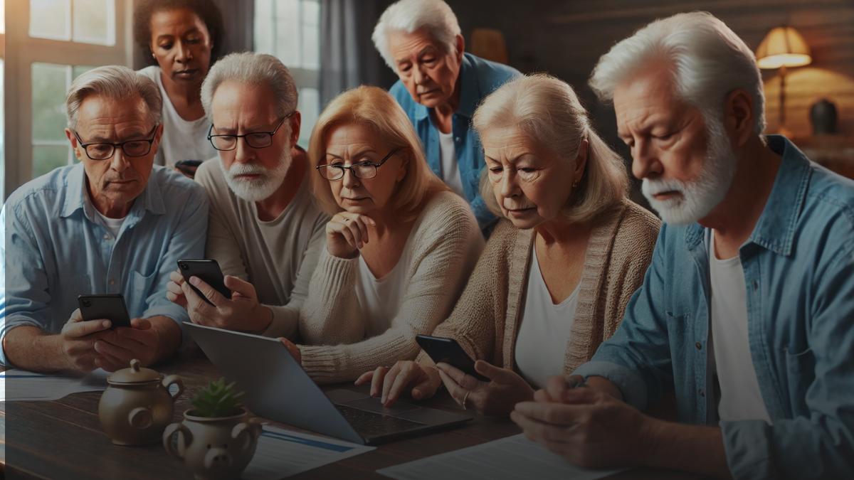 Diverse seniors checking bank accounts on laptops and smartphones.