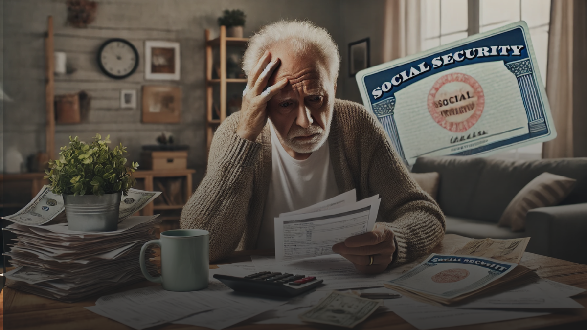 Elderly person stressed with financial documents, symbolizing Social Security benefits threat due to student debt.