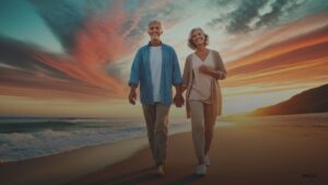 Happy retired couple walking on a beach at sunset, enjoying retirement.