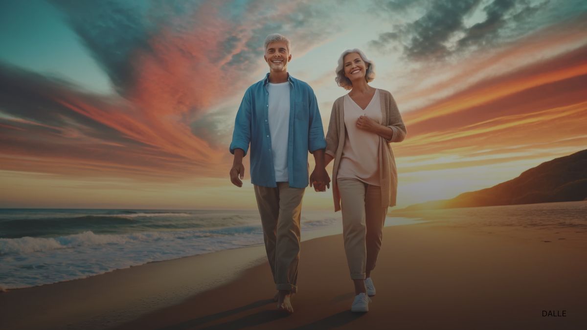 Happy retired couple walking on a beach at sunset, enjoying retirement.