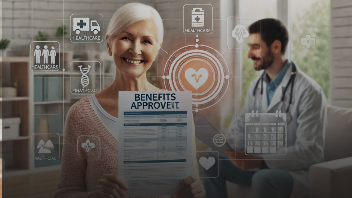 Elderly woman holding a 'Benefits Approval' document with LTHC professional assistance in the background and financial icons.