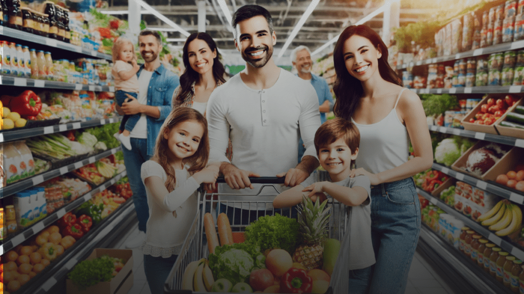 Happy family shopping for groceries in a well-stocked store.