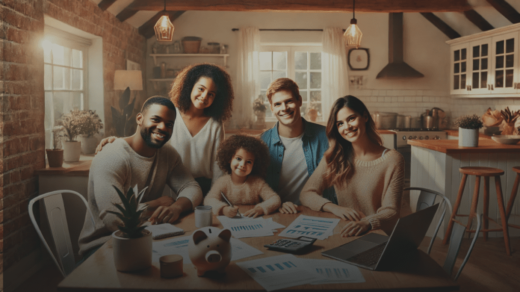 Diverse family discussing financial planning with Child Tax Credits documents and a laptop at a cozy dining table.