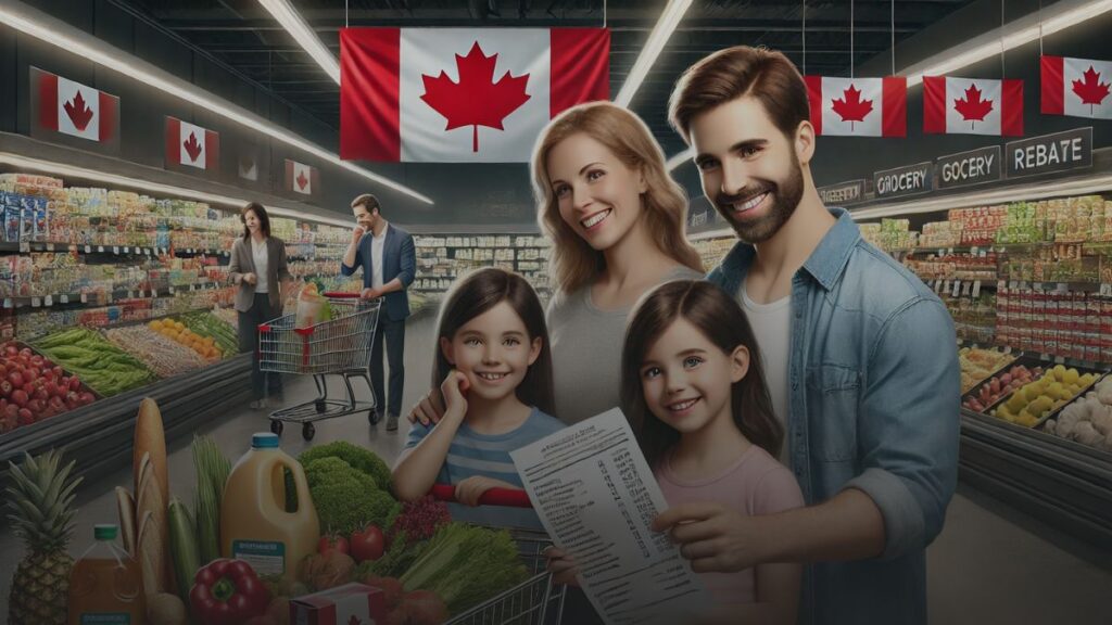 Diverse Canadian family shopping with grocery rebates.