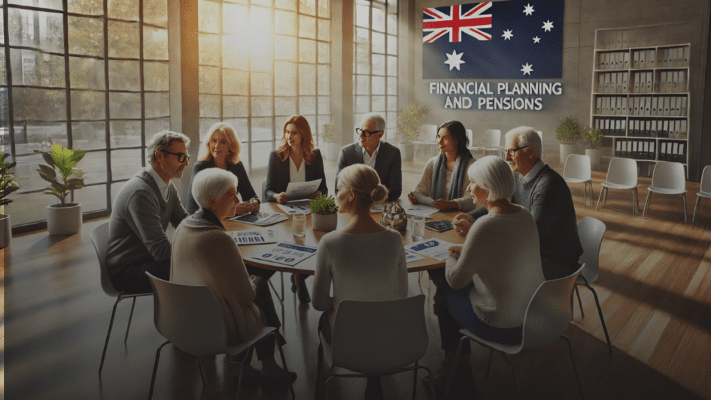 Diverse group discussing Widows Pension in a modern Australian community center with documents and digital devices.