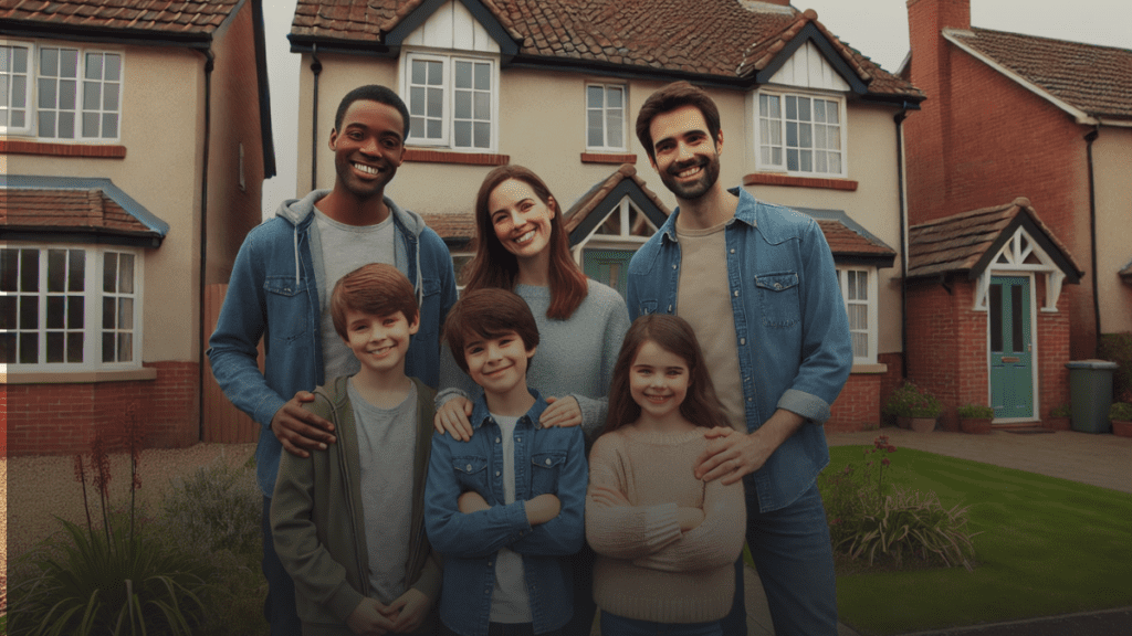 Happy, diverse family standing in front of a cozy UK home.