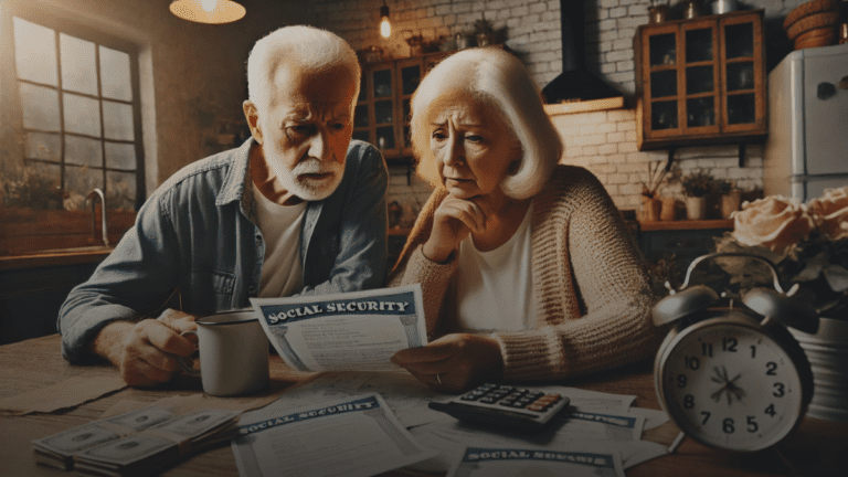 Concerned elderly couple reviewing financial documents at kitchen table.