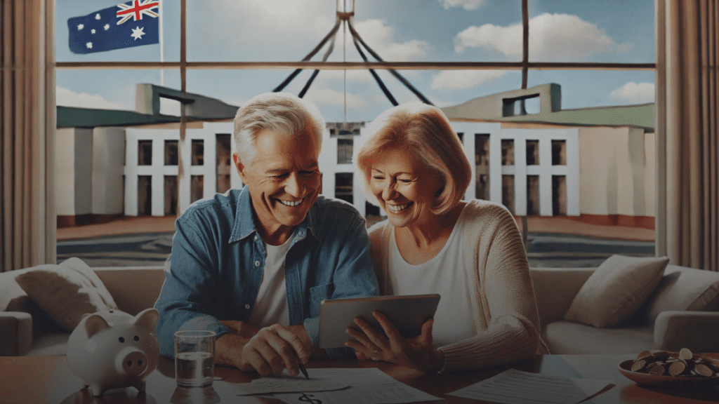 Happy senior couple reviewing finances with Australian Parliament House in the background.