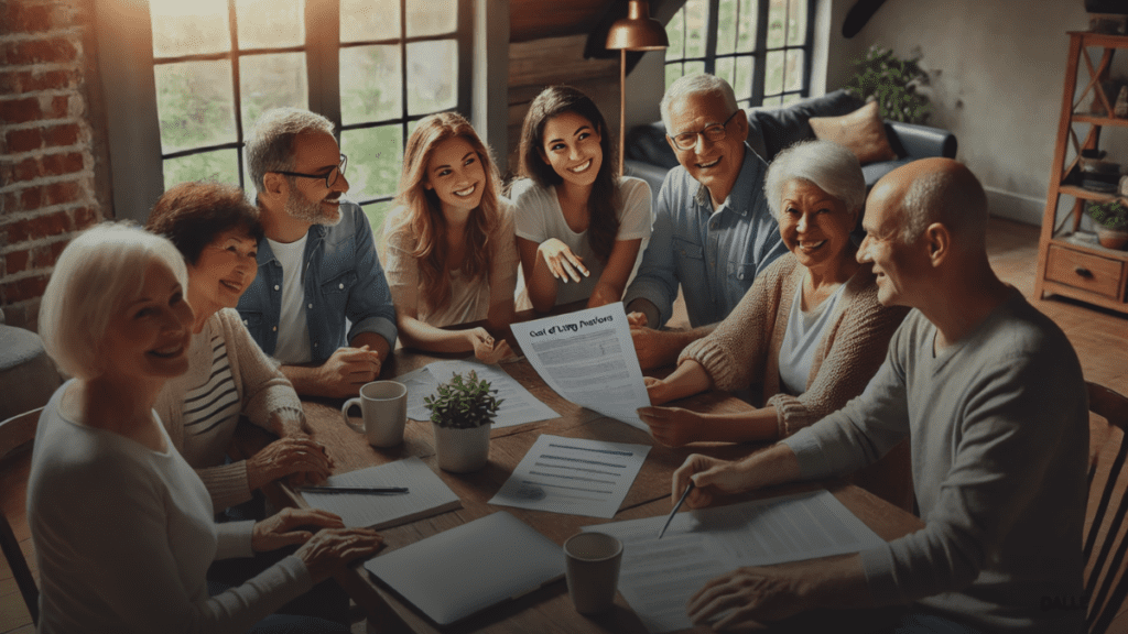 Diverse group discussing Cost of Living Payments in a cozy home setting.