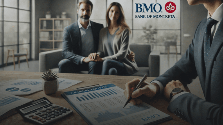 Financial advisor with a couple discussing BMO GIC rates in a modern office.