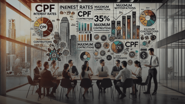 Singaporean professionals discussing CPF interest rates and contributions in a modern office with a financial infographic.