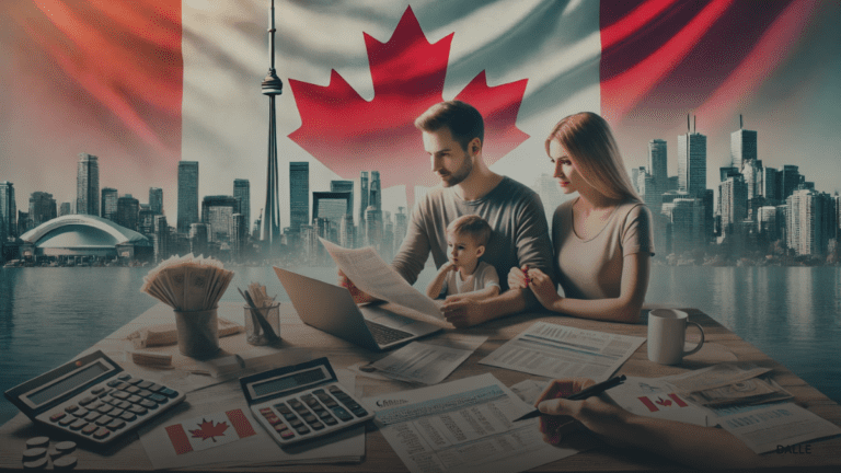 Canadian family reviewing finances at table with laptop, documents, and Toronto skyline.