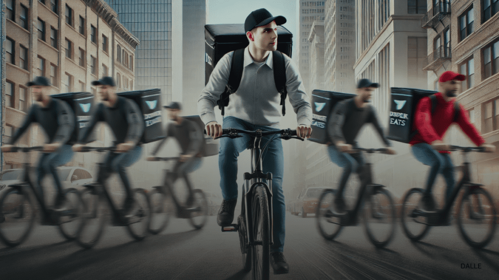 Delivery driver on bicycle with branded bag in busy urban setting.

