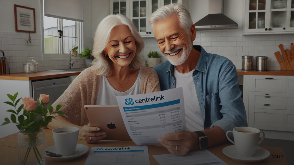 Cheerful senior couple reviewing financial documents at kitchen table with tablet displaying Centrelink page.