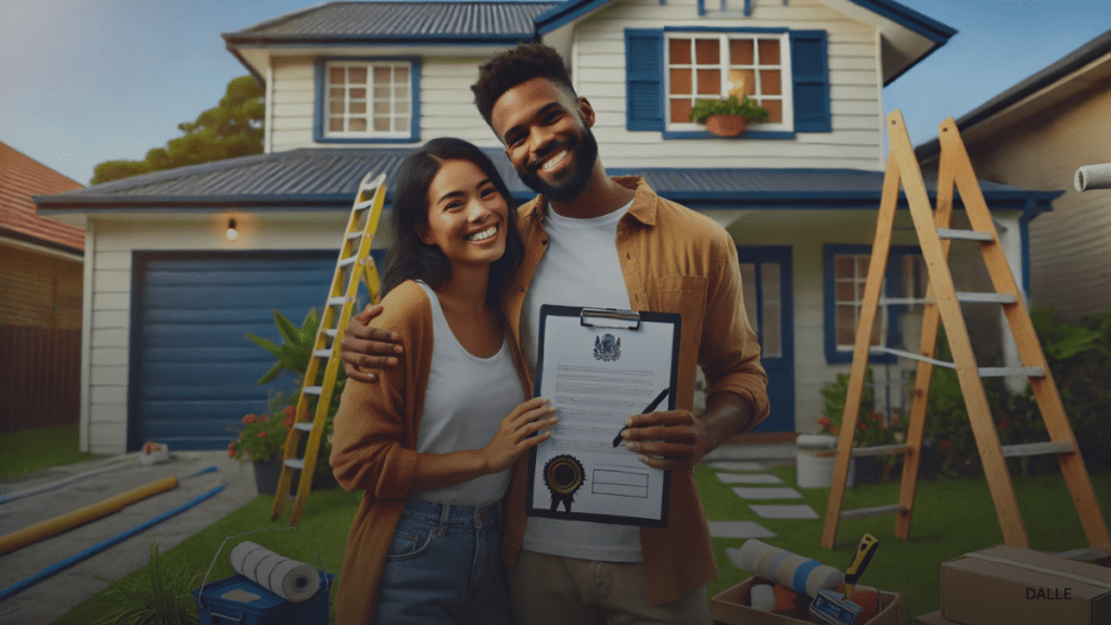 Happy couple with renovation plans in front of their house, symbolizing $8,000 government assistance for home renovations.