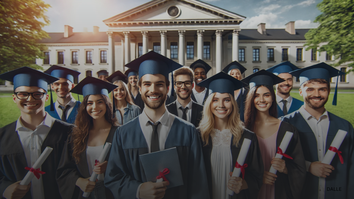 Diverse graduates smiling with diplomas in front of a university building on a sunny day.