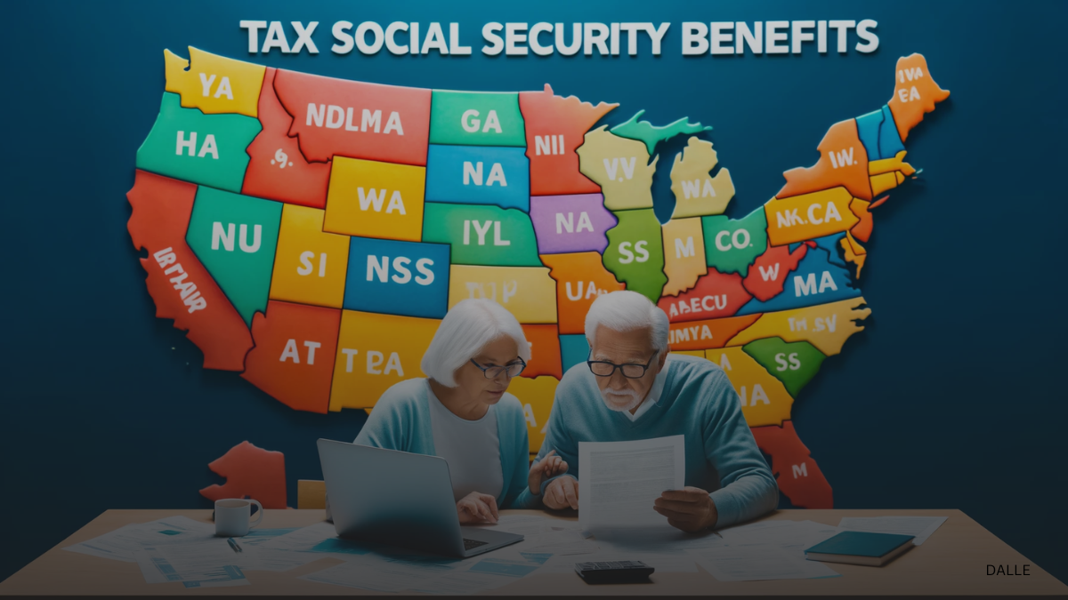 Map of U.S. highlighting states that tax Social Security benefits, elderly couple reviewing financial documents.