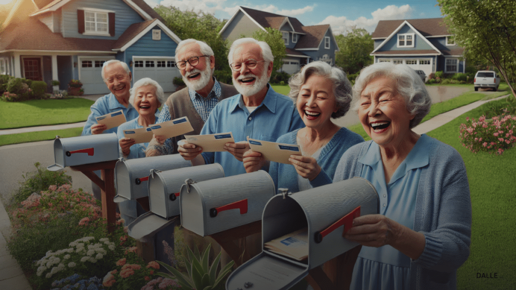 Retirees checking mailboxes for Social Security checks in a friendly neighborhood.