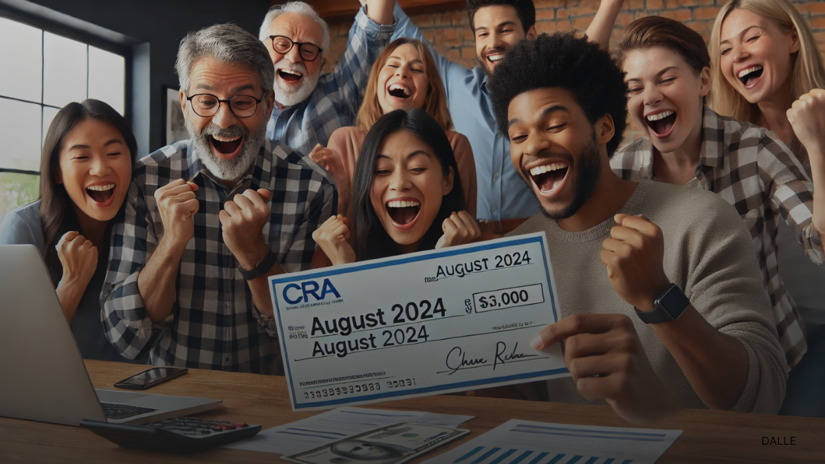 Diverse individuals celebrating receipt of $1,000 payment, (CRA) August 2024.