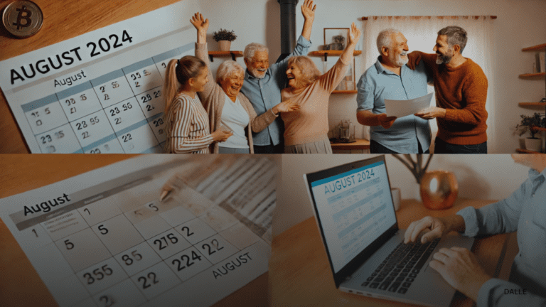 Happy seniors and family celebrating $1300 government payout with financial documents and August 2024 calendar in cozy home.