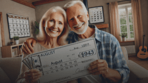 Senior couple holding $943 check with August calendar in background, showing double SSI payment.