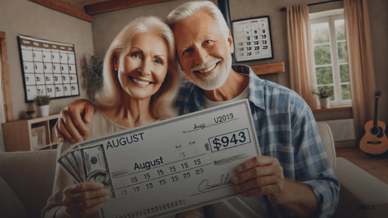 Senior couple holding $943 check with August calendar in background, showing double SSI payment.