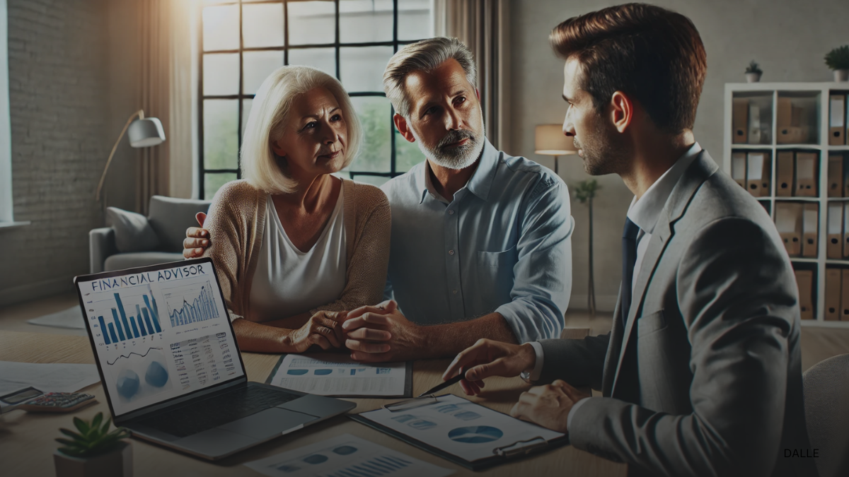 Mature couple consulting with a financial advisor in a modern office.