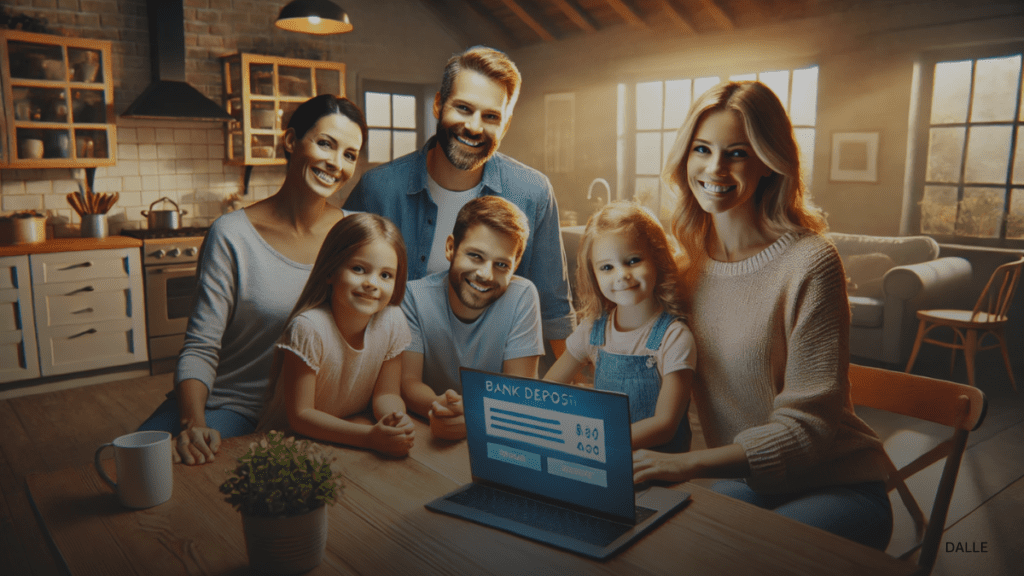 Happy family at kitchen table looking at laptop screen showing bank deposit notification.