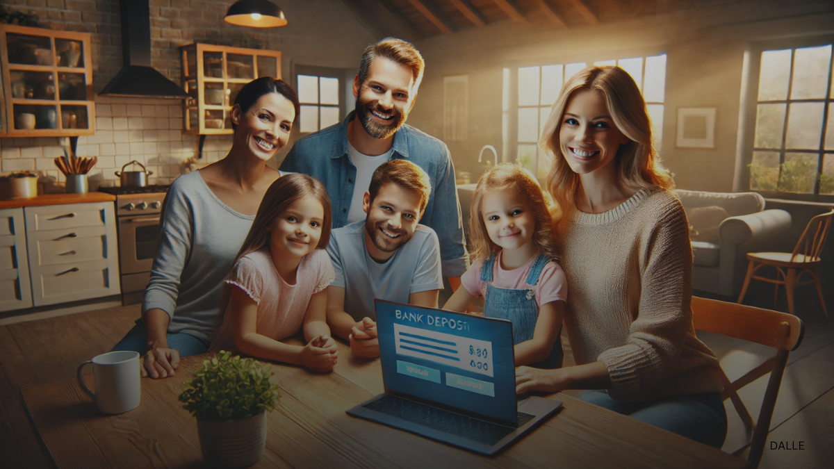 Happy family at kitchen table looking at laptop screen showing bank deposit notification.