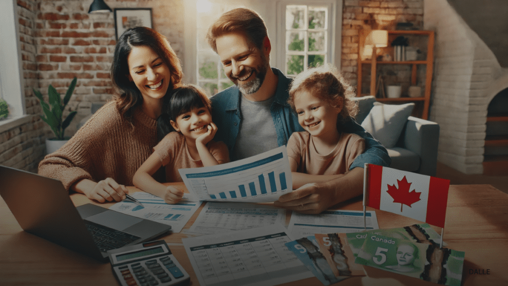 Canadian family reviewing increased CRA benefits for 2024 at home.