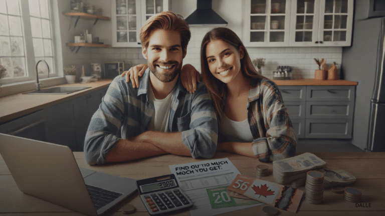 Smiling couple with laptop and Canadian currency reviewing financial documents.