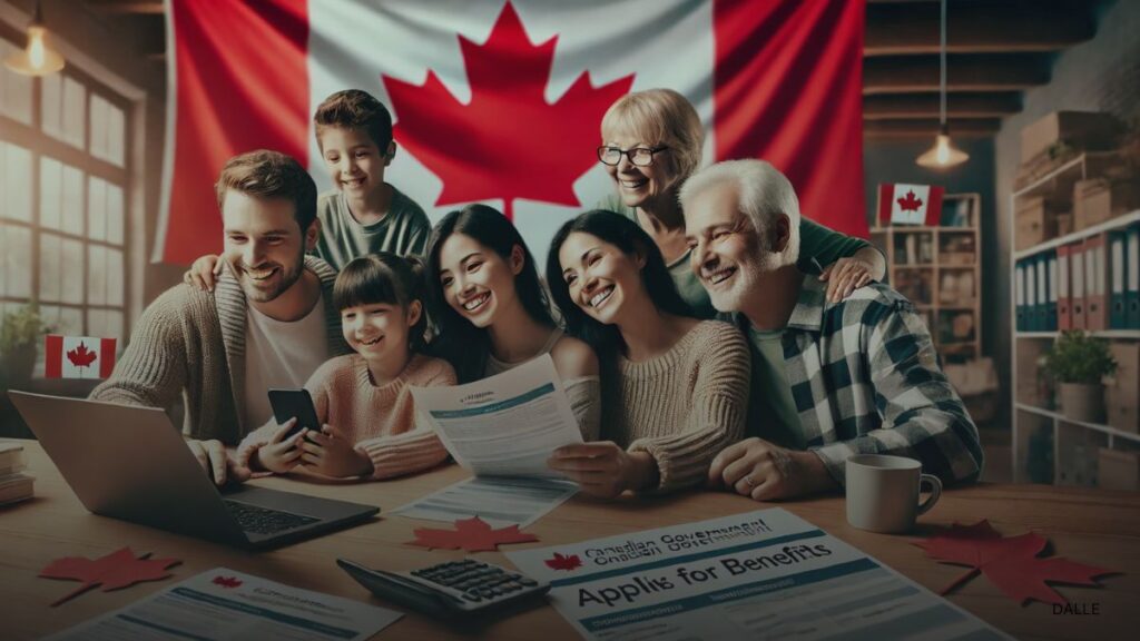 Diverse family using a laptop to apply for benefits with a Canadian flag in the background.