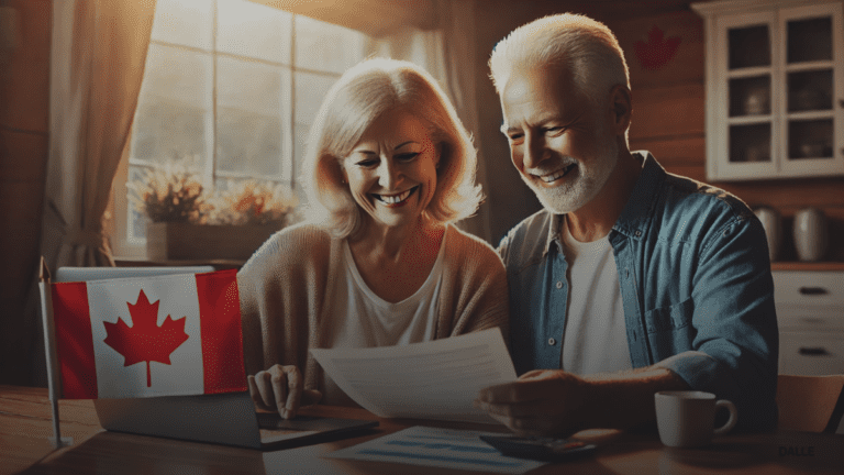 Happy senior couple reviewing financial documents, symbolizing financial security and CPP payments in Canada.