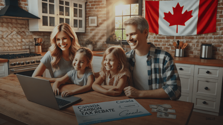 Happy family receiving Canada Carbon Tax Rebate at kitchen table.