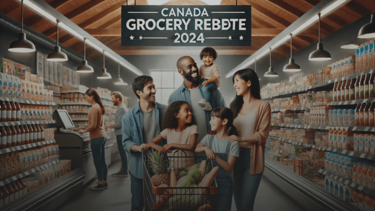 Diverse family shopping in a grocery store, highlighting the Canada Grocery Rebate 2024.