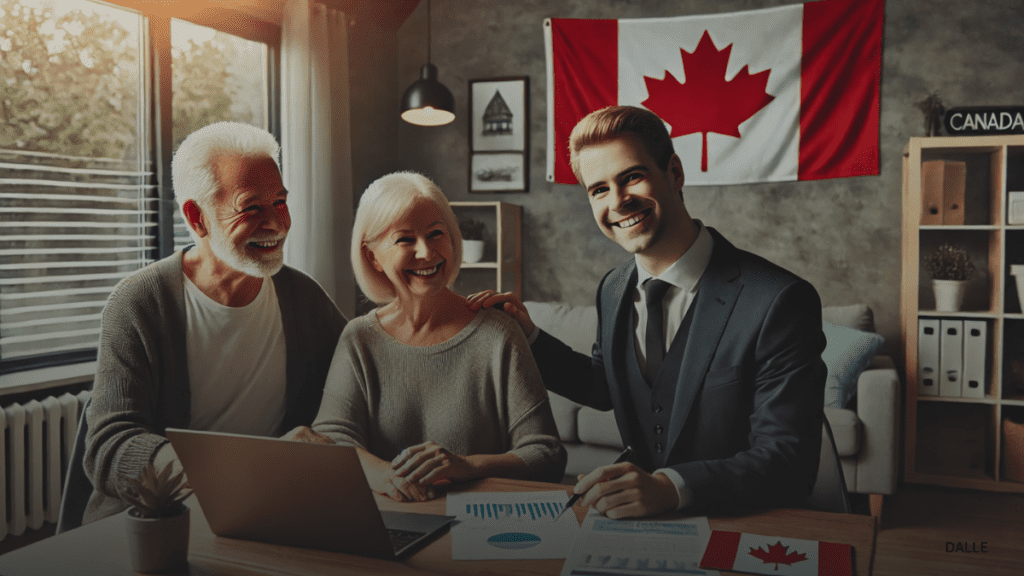 Elderly couple with financial advisor reviewing retirement plans in a cozy office with Canadian symbols in the background.