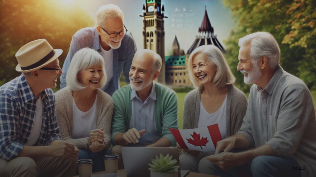 Group of diverse seniors discussing  OAS financial documents in a Canadian park.