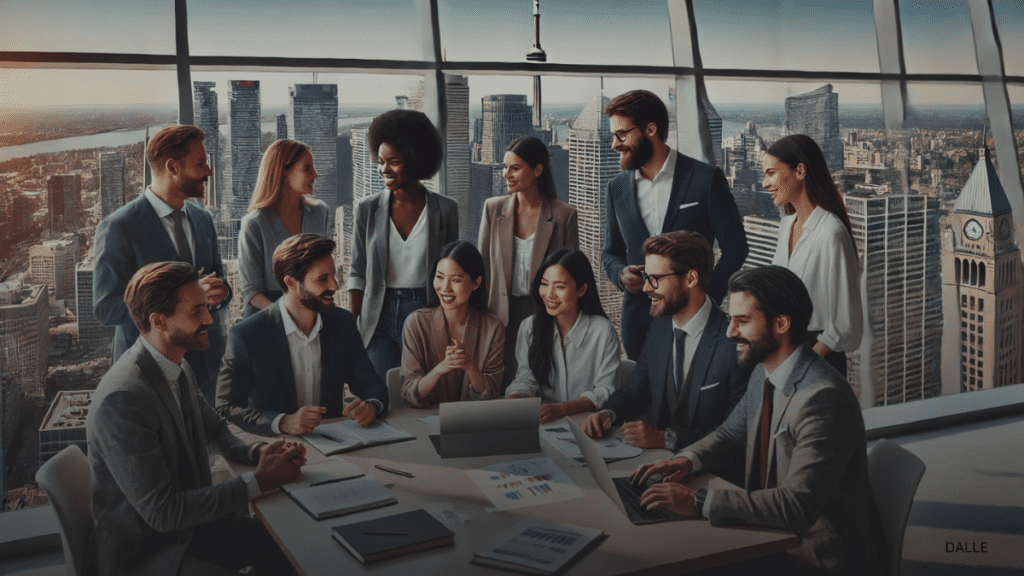 Diverse professionals collaborating in a modern office with a Canadian city skyline.