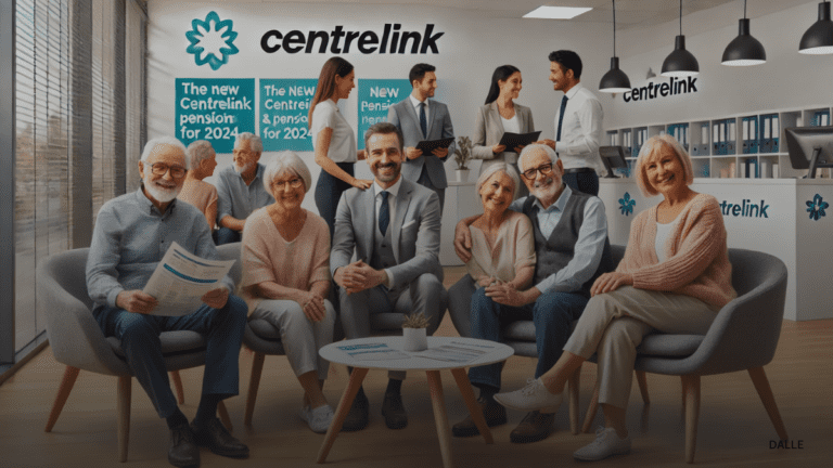 Happy pensioners and families in a Centrelink office discussing new pensions and benefits for 2024.