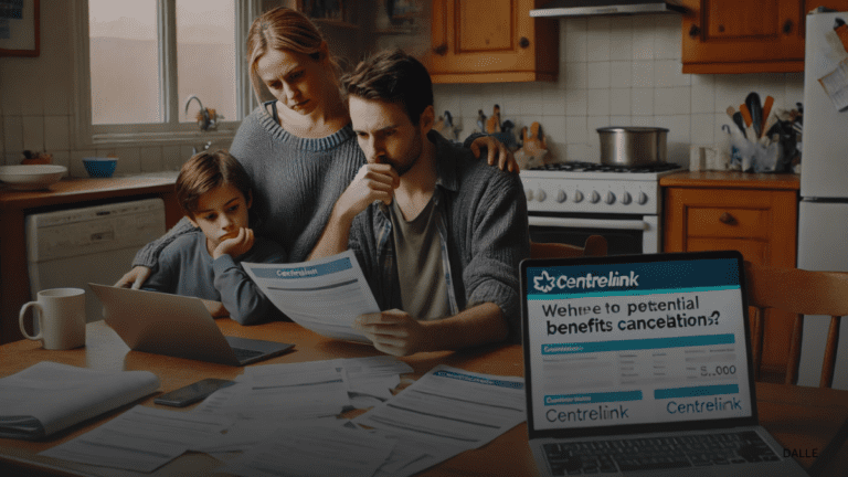 Concerned family reviewing Centrelink paperwork at kitchen table.