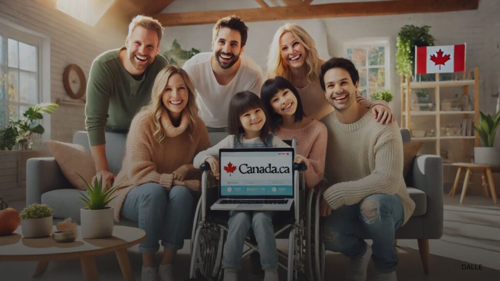 Diverse family smiling around a laptop showing Canada.ca website, one member in a wheelchair, feeling relieved and financially stable.