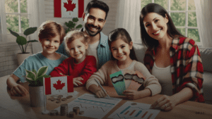 Diverse family reviewing financial documents with Canadian currency at kitchen table, Canadian flag and growth chart in background.