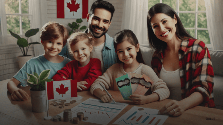 Diverse family reviewing financial documents with Canadian currency at kitchen table, Canadian flag and growth chart in background.